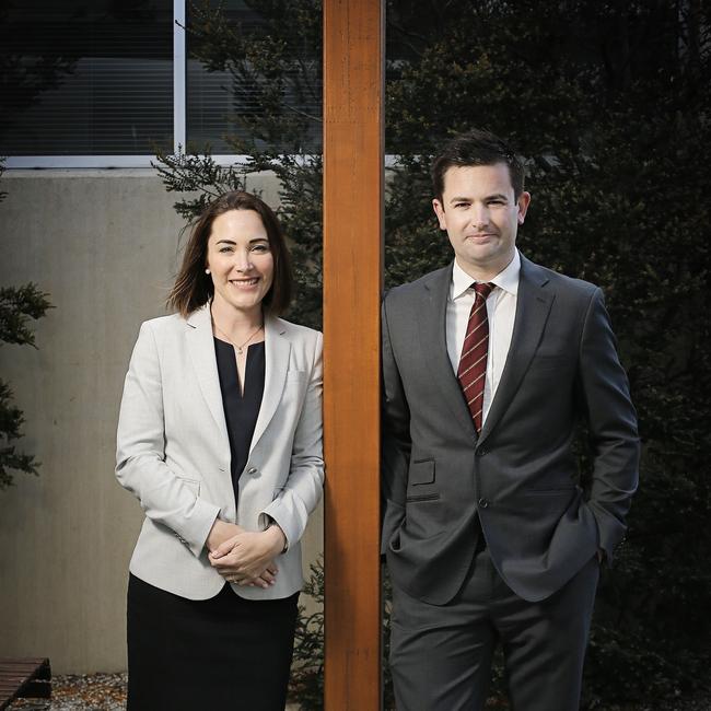 Kingborough deputy mayor Jo Westwood and mayor Dean Winter in front of their council chambers in Kingston. Picture: MATHEW FARRELL