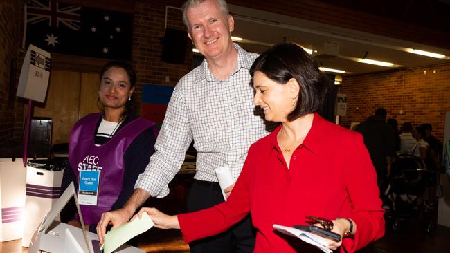 Watson MP Tony Burke casts his vote with wife Skye at Punchbowl Public School. Picture: Jordan Shields