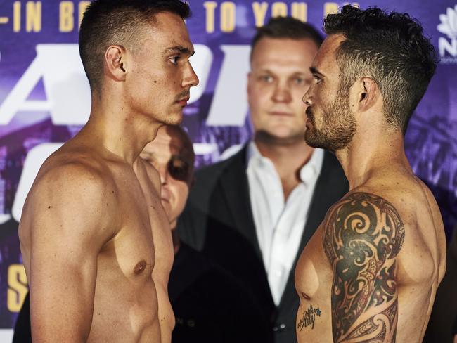 SYDNEY, AUSTRALIA - DECEMBER 15: Tim Tszyu and Bowyn Morgan face off during the weigh in ahead of Sydney Super Fight, at Taronga Zoon on December 15, 2020 in Sydney, Australia. (Photo by Brett Hemmings/Getty Images)