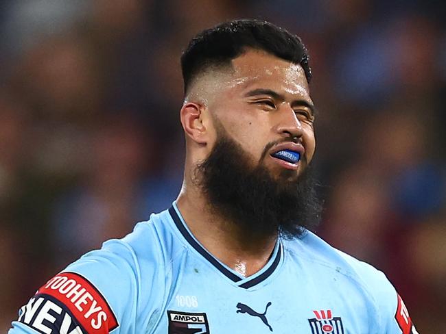 BRISBANE, AUSTRALIA - JUNE 21:  Payne Haas of the Blues reacts during game two of the State of Origin series between the Queensland Maroons and the New South Wales Blues at Suncorp Stadium on June 21, 2023 in Brisbane, Australia. (Photo by Chris Hyde/Getty Images)