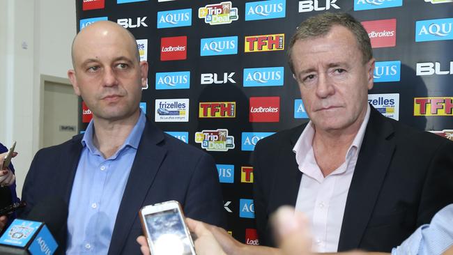 NRL CEO Todd Greenberg and Titans CEO Graham Annesley. Picture: Mike Batterham