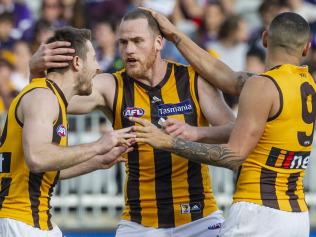 Jarryd Roughead celebrates a goal.