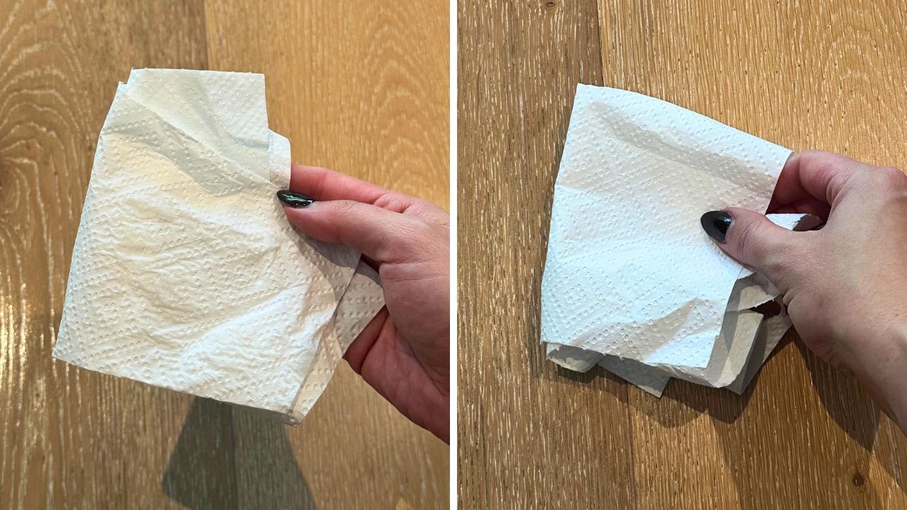 I ran a paper towel over the area to ensure my floor boards were in fact clean – can confirm, they were sparkling. Picture: news.com.au/Claudia Coy