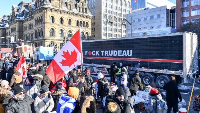 The Freedom Convoy protests began last month after requirements for truckers to be fully vaccinated before crossing the US-Canada border came into force. Picture: Getty Images