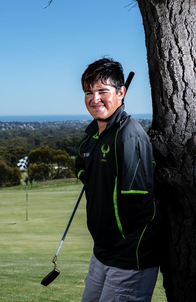 Aidan Barry at Thaxted Park Golf Club. Aidan was born with a condition which has meant his arms and legs weren't formed properly, but he still manages to play golf, mentor others and speak publicly about the importance of sport for people with disabilities. Picture: AAP Image/ Morgan Sette