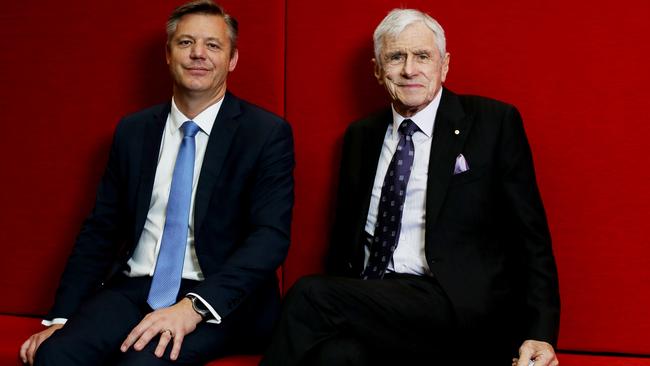 James Warburton (left) and Seven West media boss Kerry Stokesc in 2019. Picture: Nikki Short