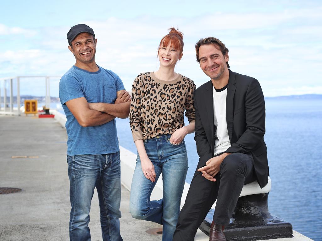 Cast (L-R) Aaron Pedersen, Emma Booth and Ewan Leslie at the announcement that streaming service Stan will broadcast The Gloaming, which will be shot entirely in Tasmania. Picture: LUKE BOWDEN