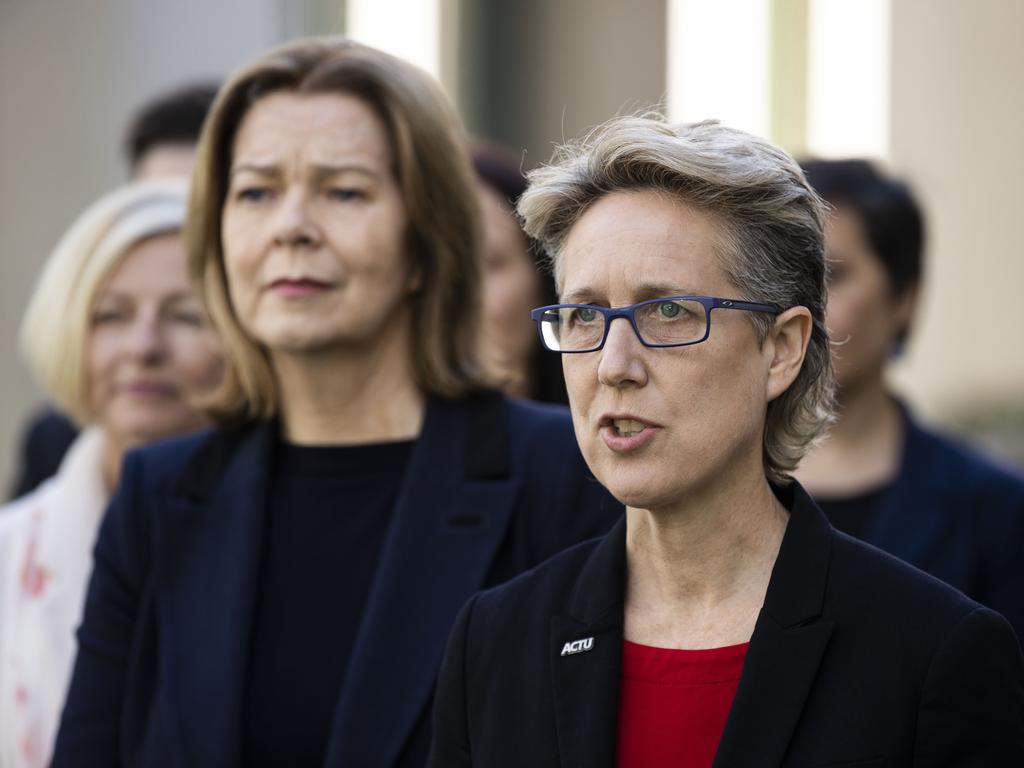 ACTU Secretary Sally McManus (right) and President Michele O'Neil spoke to the media alongside workers delegation ahead of Jobs Summit at Parliament House, Canberra. Picture: NCA NewsWire / Gary Ramage