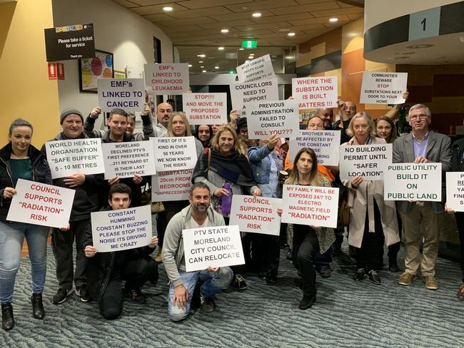 Protesters against the substation at a Moreland Council meeting in May.