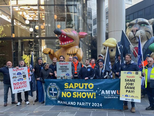 03/07/2024: Tasmanian Saputo workers join unionists to protest outside the diary giant’s Australian headquarters in Melbourne.  PIC: Ewin Hannan