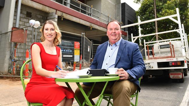 Savills leasing agents Zandra McGee and Andrew Ingleton at 97 King William Street, Kent Town’s first multistorey office building in several years. (AAP/ Keryn Stevens)