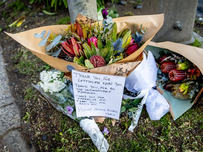 Tributes at the scene of a fatal car accident in Burwood. Picture: Jake Nowakowski