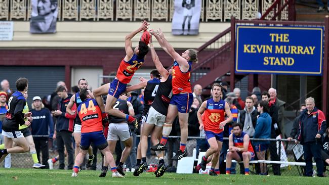 VAFA: Fitzroy’ Darcy Lowrie marks in front of the Kevin Murray Stand. Picture: Andy Brownbill