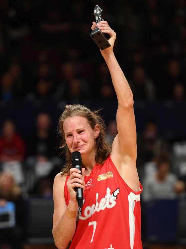 North Adelaide great Jo Hill with her grand final MVP. Picture: AAP/Mark Brake.