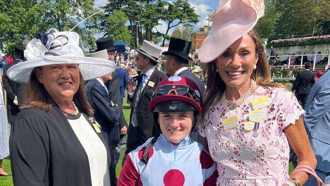 Ann with her sister, Jane Chapple Hyam and jockey Hollie Doyle. Picture: Supplied