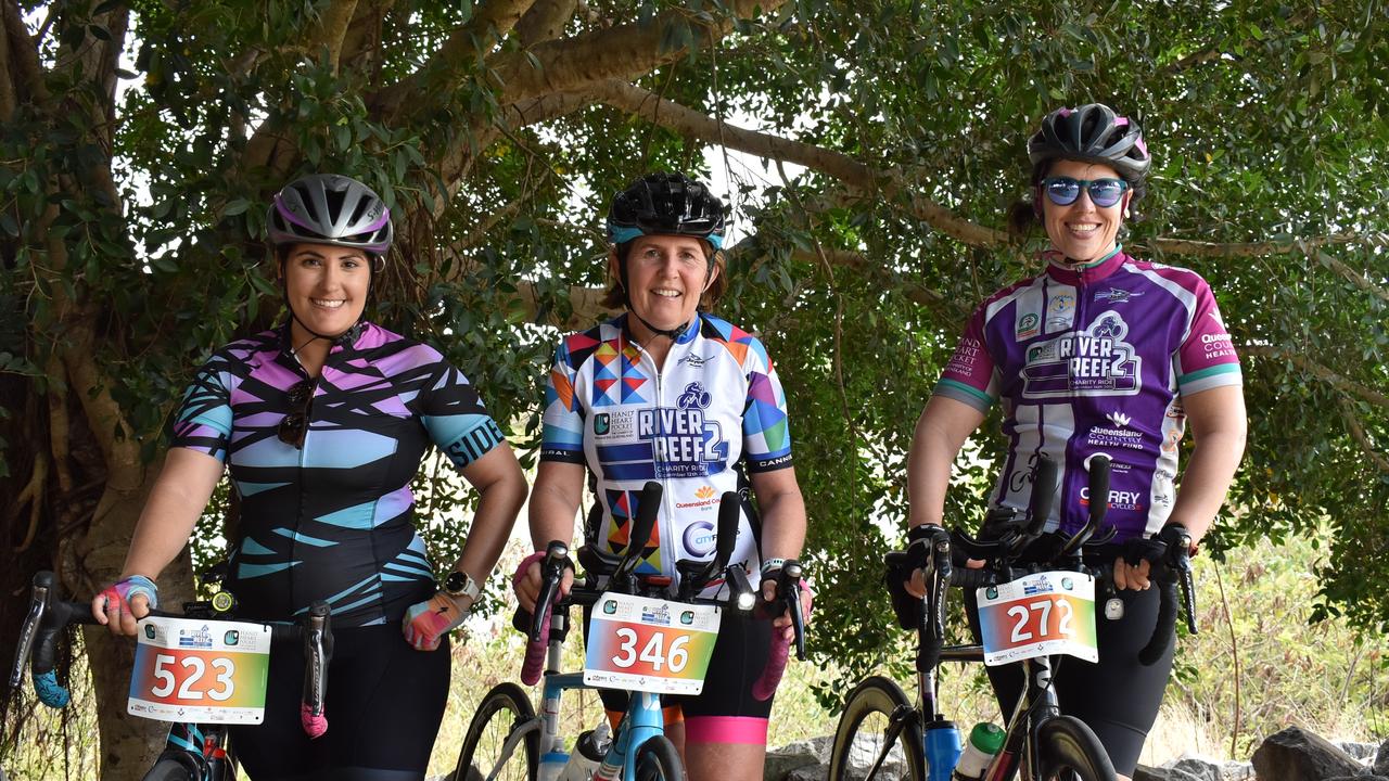 At the finishing line are (from left) Deanne Woods, Pam Houston and Emily Dalglish at the River2Reef Ride. Picture: Tara Miko