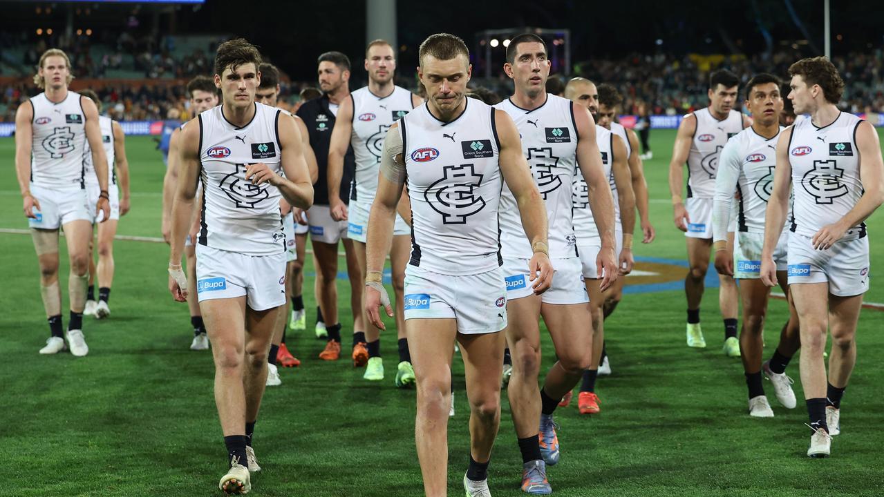 Patrick Cripps leads the Blues off Adelaide Oval. Picture: James Elsby