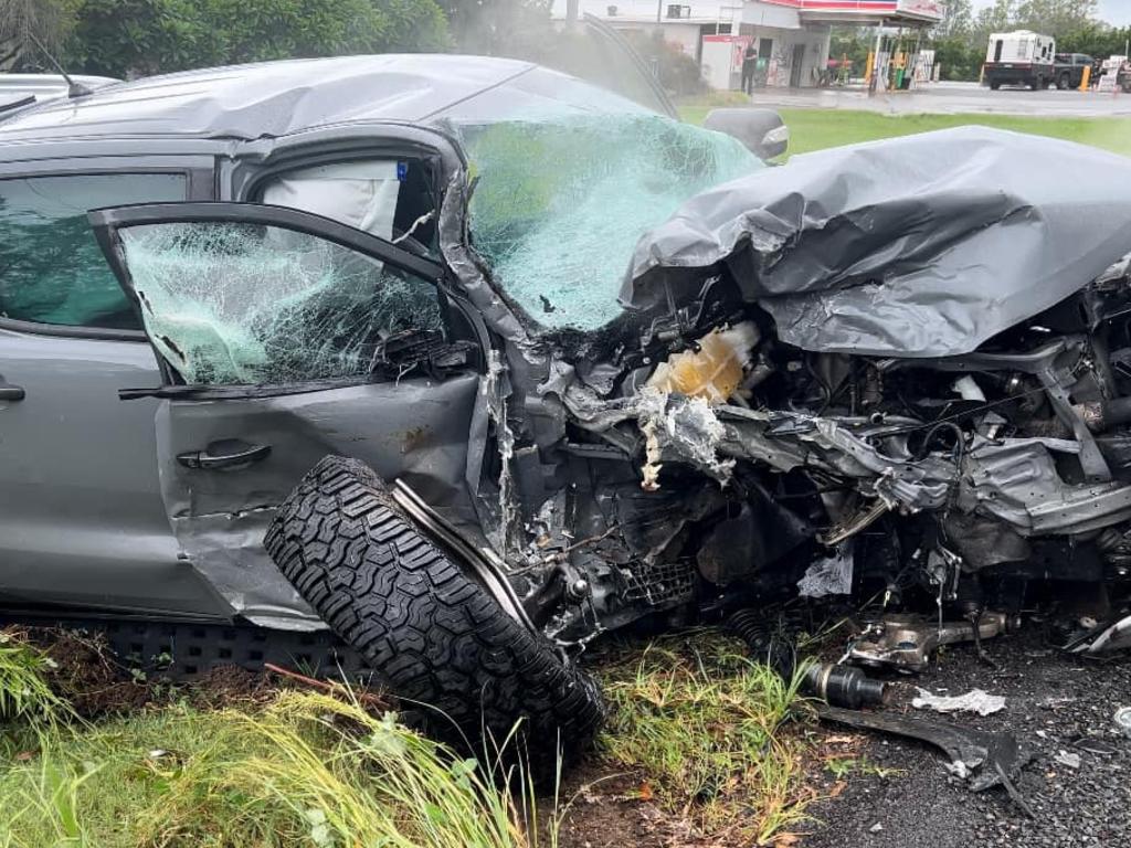 A Ford Ranger after a horrific three-car crash on Tin Can Bay Road. Picture: Facebook