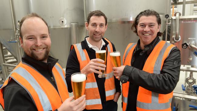 Brick Lane Brewery head beer brewer Jon Seltin with co-founders Andrew Scrimgeour and Paul Bowker at their new Dandenong South brewery. Picture: Chris Eastman