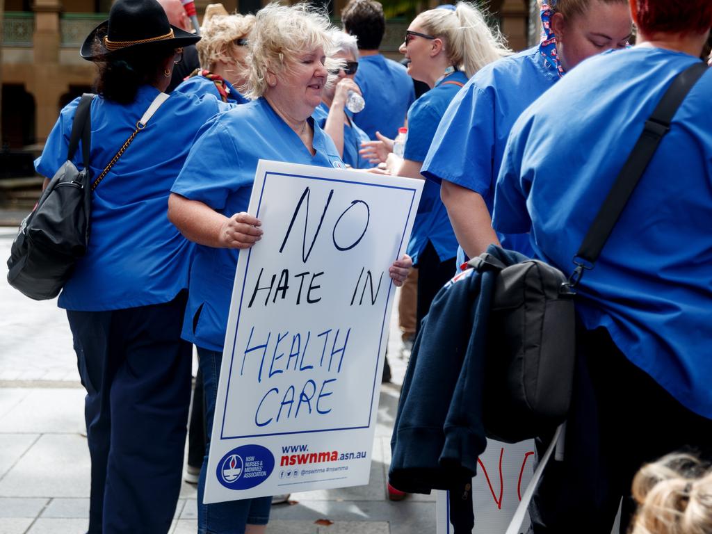 SYDNEY, AUSTRALIA - NewsWire Photos FEBRUARY 13, 2025: Nurses rally outside of Parliament House in Sydney against hate speech in NSW hospitals following an antisemitic incident with two nurses at Bankstown Hospital. Picture: NewsWire / Nikki Short