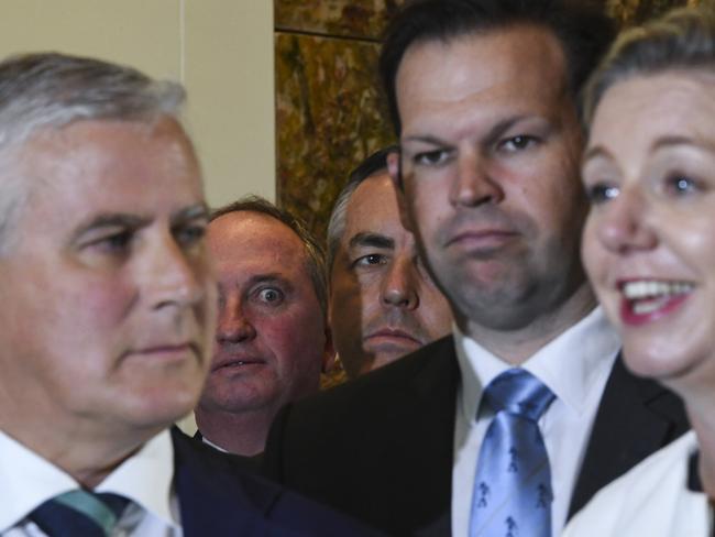 Australian Minister for Rural Health and Minister for Sports Bridget McKenzie (right) speaks as (L-R) Australian Deputy Prime Minister Michael McCormack, Nationals MP Barnaby Joyce, Australian Minister for Veterans' Affairs Darren Chester and Australian Minister for  Resources and Northern Australia Matt Canavan look on during a press conference with fellow Nationals party members at Parliament House in Canberra, Thursday, May 10, 2018. (AAP Image/Lukas Coch) NO ARCHIVING