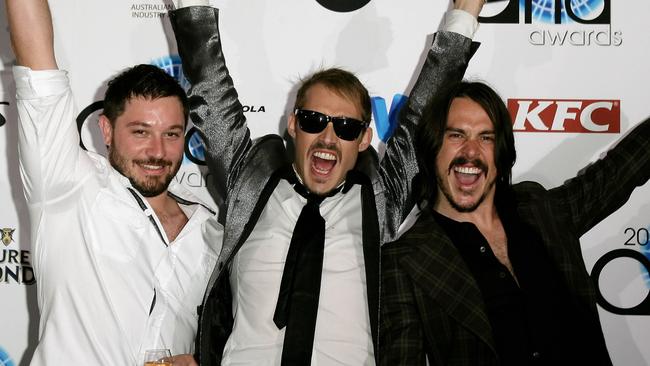 Silverchair’s Chris Joannou, Daniel Johns and Ben Gillies pose with their awards at the ARIA Awards back in 2007. Photo: WireImage