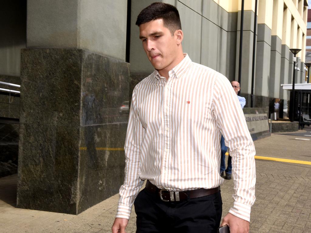 Police officer and former North Queensland Cowboys Under-20s player Cody Jace Maughan leaves Brisbane arrests court. Picture: NCA NewsWire / John Gass