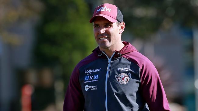 Manly Sea Eagles players hold a training session at the Sydney Academy of Sport in Narrabeen after 5 of their players were fined by the club for visiting a strip club while playing their round 4 game in Gladstone, Queensland. Coach Trent Barrett. Picture: Toby Zerna