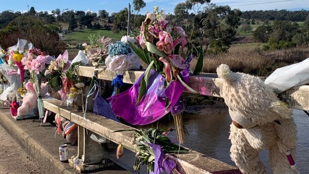 Tributes left at Launceston's Henry St bridge, the site of the last-known sighting of Shyanne-Lee Tatnell. Picture: Jon Tuxworth