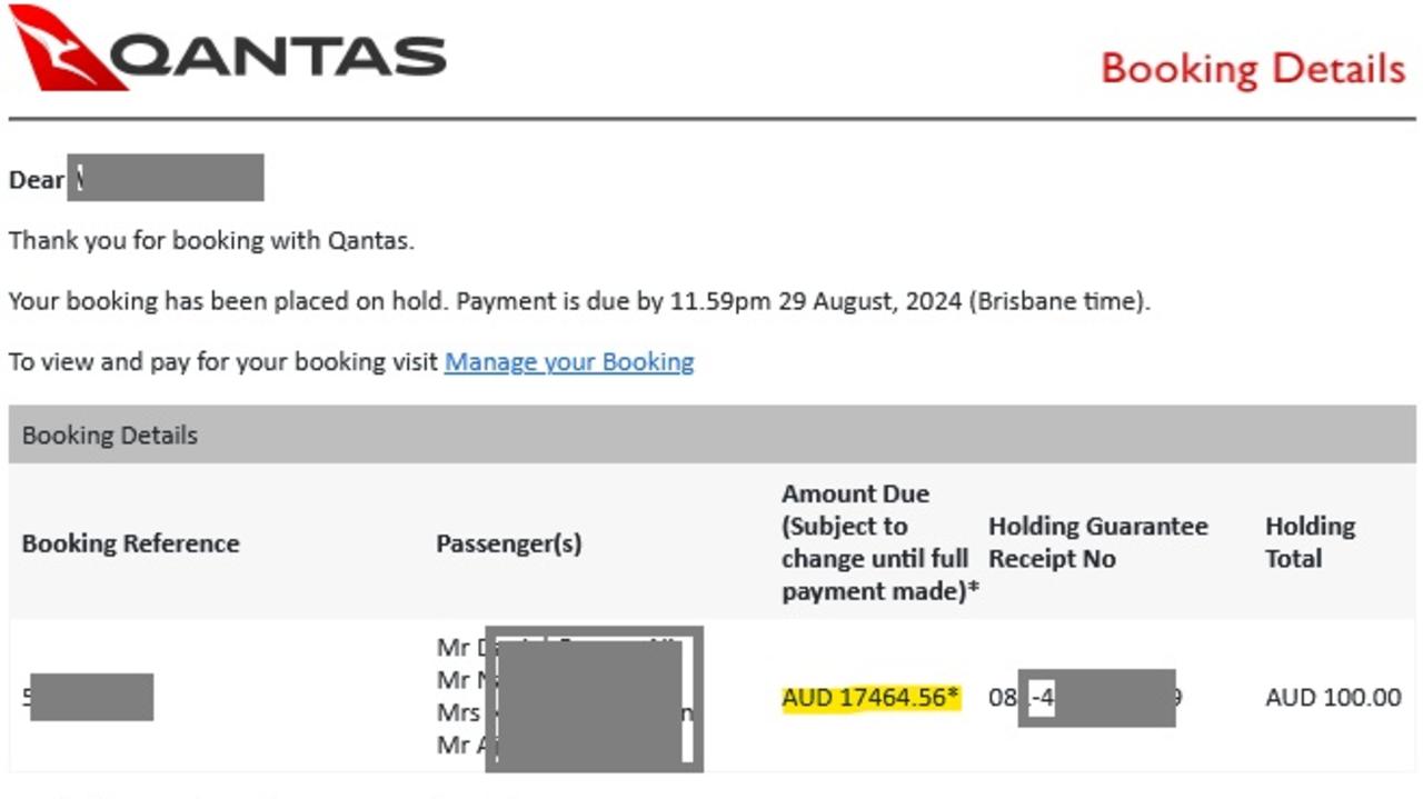 Mr Paul booked four first class flights on the Qantas website for about $17,500. Picture: Supplied