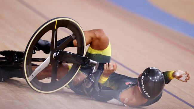 Muhammad Shah Firdaus Sahrom of Team Malaysia reacts after falling during the Men's Keirin first round, heat 2. Picture: Justin Setterfield/Getty Images