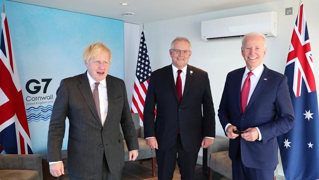 UK Prime Minister Boris Johnson, Australian Prime Minister Scott Morrison and US President Joe Biden participate in a trilateral meeting at the G7 Summit at Carbis Bay, Cornwall. Picture: Adam Taylor/PMO