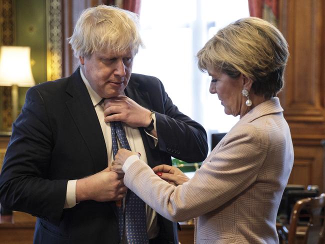 Mr Johnson and Ms Bishop pictured in 2017. Australia’s former Foreign Minster said it would be a “huge mistake” to underestimate the UK’s new PM. Picture: AP