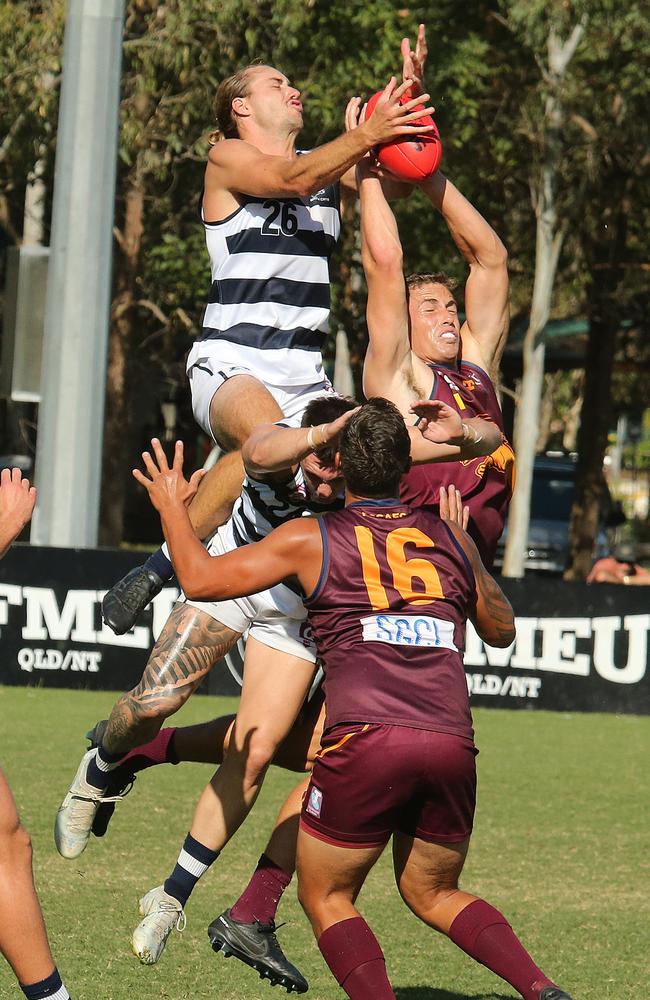 Pictured at Palm Beach Home ground for the Gold Coast QAFL clash Palm Beach Currumbin v Broadbeach. Palm Beach Player No11 Carl Nicholson Broad Beach player No26 Kasey Nicholas Pic Mike Batterham