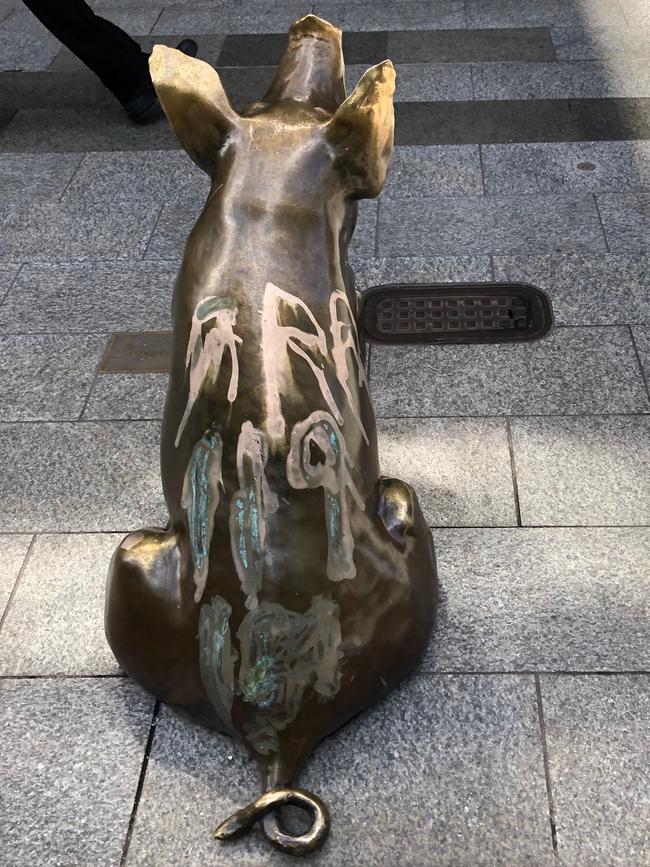 The pigs in Rundle Mall were vandalised with corrosive paint. Picture: Supplied