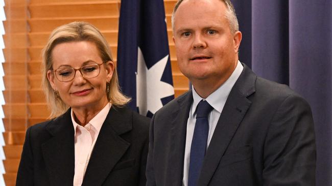 Deputy Leader of the Opposition Ted O'Brien (R) speaks at a press conference with Leader of the Opposition Sussan Ley at Parliament House in Canberra on Tuesday. Picture: Saeed Khan / AFP