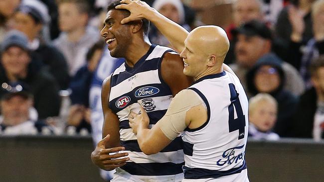 Esava Ratugolea gets congratulated by Gary Ablett. Picture: Michael Klein