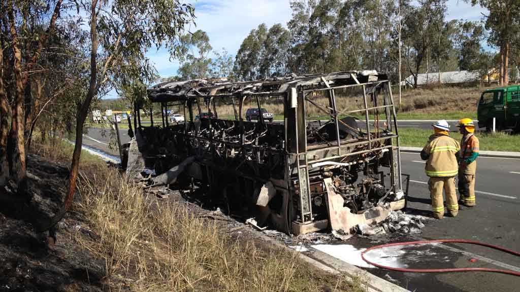 The bus destroyed by fire on the Warrego Hwy just east of Toowoomba.