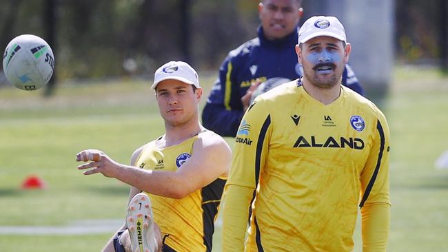 Mitchell Moses and Reagan Campbell-Gillard tune-up for the preliminary final against the Cowboys. Picture: Richard Dobson