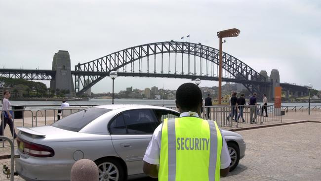 Security officer patrolling area around Sydney Opera House and Harbour Bridge in bid to combat terrorism 20 Nov 2002. terrorist