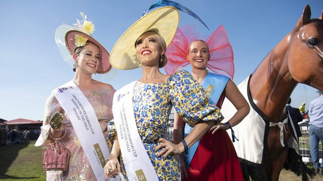 Gina Cassimatis, Tatiana Hoffmann and Madeleine Cvirn in the 2019 Darwin Cup Fashions on the Field competition. Picture: Keri Megelus