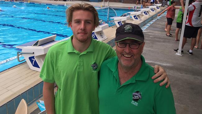 Barracuda coaches, son and father William and Peter Downs at the the BWPL grand final, Valley Pool.