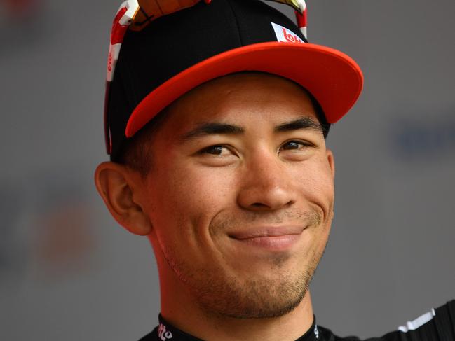 Caleb Ewan is seen on the podium after winning stage four of the Tour Down Under from Norwood to Murray Bridge in South Australia, Friday, January 24, 2020. (AAP Image/David Mariuz) NO ARCHIVING, EDITORIAL USE ONLY