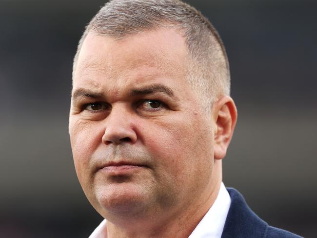 SYDNEY, AUSTRALIA - APRIL 23: Sea Eagles coach Anthony Seibold looks on as he is is interviewed pre-game during the round eight NRL match between Wests Tigers and Manly Sea Eagles at Campbelltown Stadium on April 23, 2023 in Sydney, Australia. (Photo by Mark Kolbe/Getty Images)