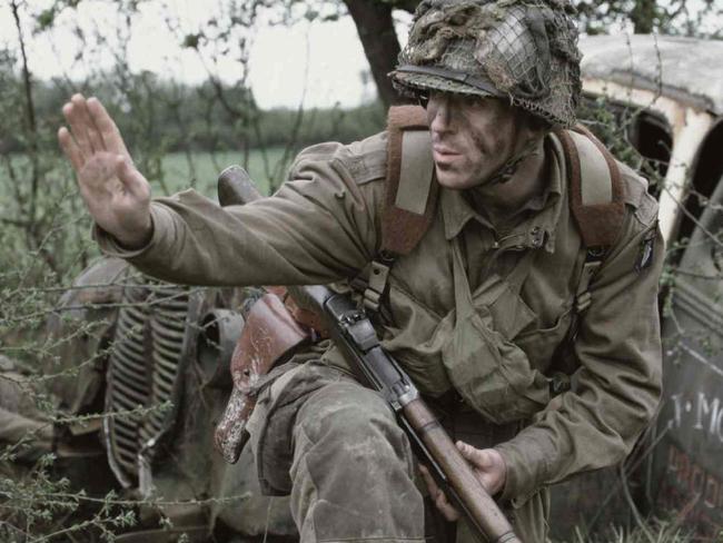 Recreating the airborne assault … a scene from award-wing series Band Of Brothers.