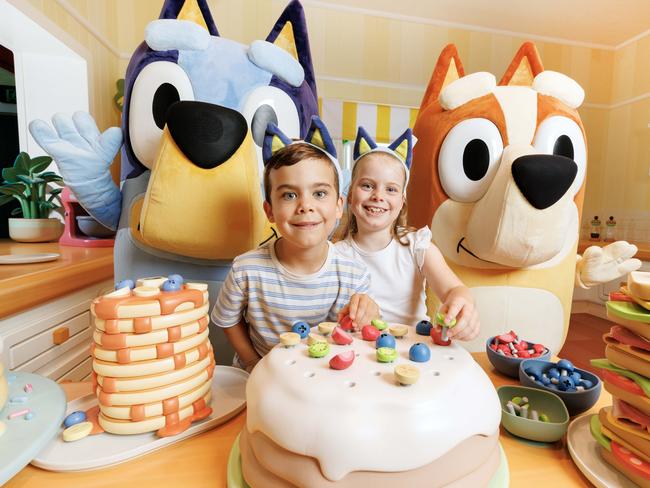 Siblings Samuel 6 and Ava Wallis 8, get a sneak preview in the kitchen of Blueys World at Northshore Pavilion at Hamilton. Picture Lachie Millard