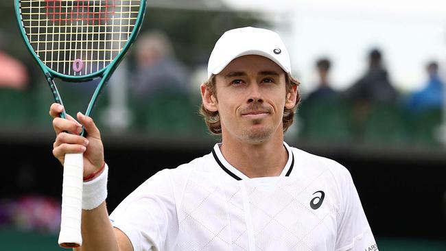 Alex De Minaur celebrates winning against James Duckworth at the 2024 Wimbledon Championships. Picture: Henry Nicholls/AFP