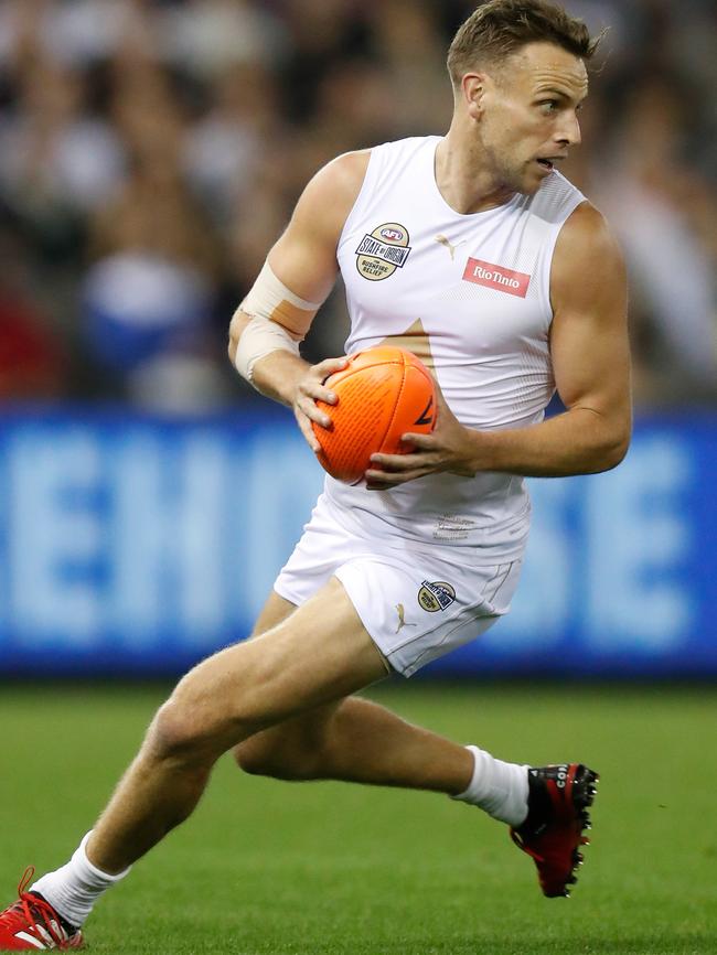 Brodie Smith in his All-Stars outfit during last month’s Bushfire Relief match against Victoria. Picture: Michael Willson (AFL Photos via Getty Images).