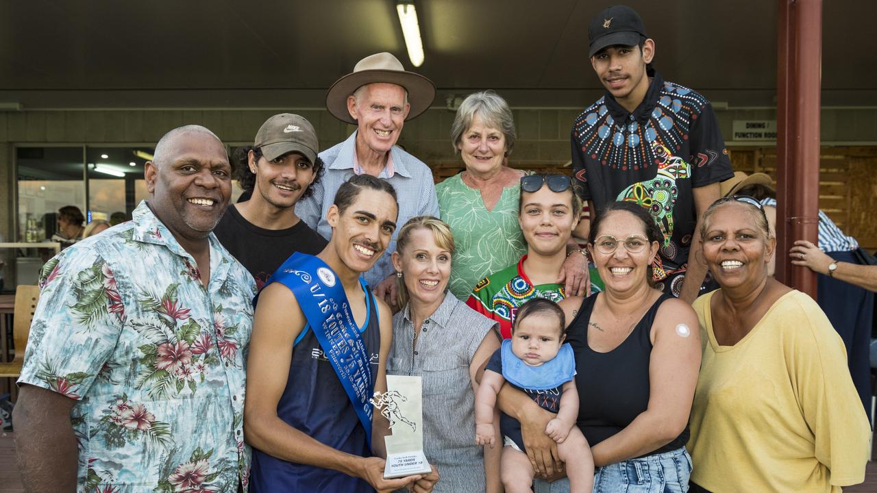 Toowoomba runner Leroy Dempsey with family (from left) Jack Dempsey, Shannon Snelling, Ian Knight, Megan Dempsey, Lyn Knight, Angel Monagle, Narrinda Dempsey holding Christopher Dempsey, Clay Dempsey and Fiona Dempsey after winning the U18 Youths 75 yards gift on 2021 Postle Gift Raceday at Club Pittsworth, Saturday, October 30, 2021. Picture: Kevin Farmer