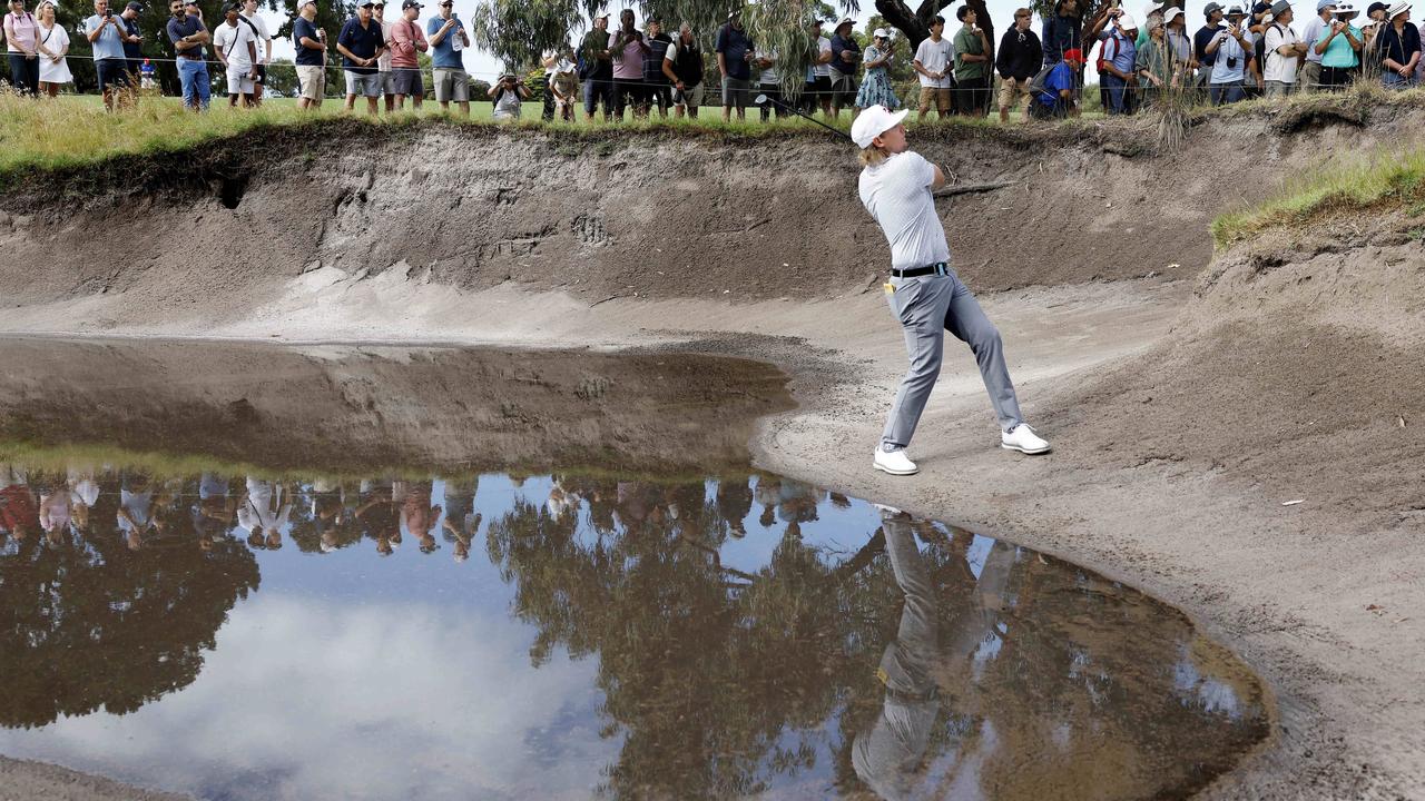 Cam Smith plays his 2nd shot in the bunker at the 2nd hole . Picture: Michael Klein